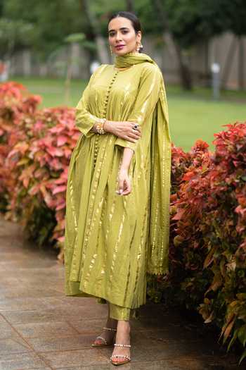 Musal Green 100% Cotton Metallic Striped Round Padmini Anarkali Set at Aza Fashions Musal_Green 100% Cotton Metallic Striped Round Padmini Anarkali Set _at_Aza_Fashions