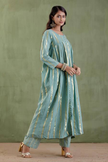 Musal_Blue 100% Cotton Metallic Striped Round Padmini Anarkali Set _Online_at_Aza_Fashions