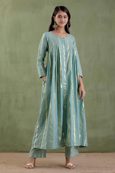 Buy_Musal_Blue 100% Cotton Metallic Striped Round Padmini Anarkali Set _Online_at_Aza_Fashions