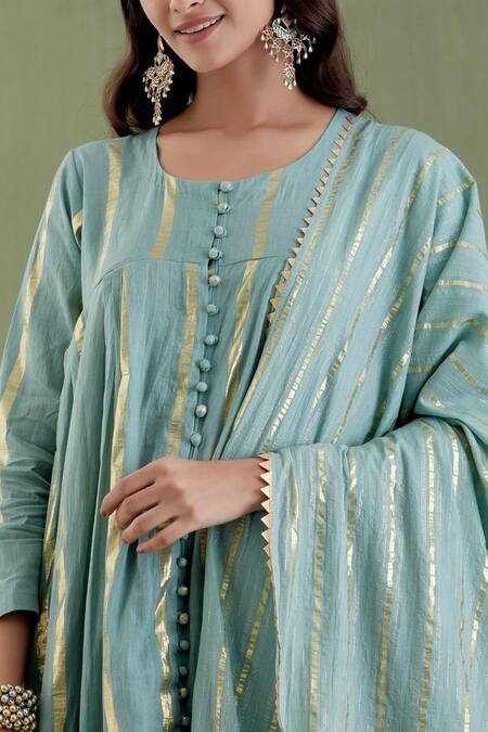 Shop_Musal_Blue 100% Cotton Metallic Striped Round Padmini Anarkali Set _Online_at_Aza_Fashions