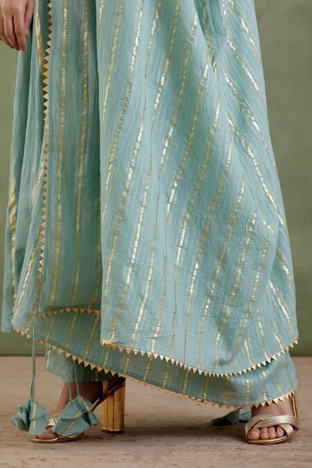 Musal_Blue 100% Cotton Metallic Striped Round Padmini Anarkali Set _at_Aza_Fashions