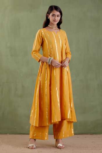 Musal Yellow Chanderi, 100% Cotton Metallic Striped Notched Tarabai Anarkali Set Online at Aza Fashions Musal_Yellow Chanderi, 100% Cotton Metallic Striped Notched Tarabai Anarkali Set _Online_at_Aza_Fashions