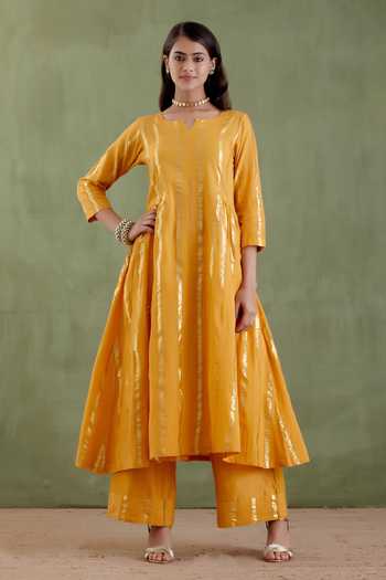 Buy Musal Yellow Chanderi, 100% Cotton Metallic Striped Notched Tarabai Anarkali Set Online at Aza Fashions Buy_Musal_Yellow Chanderi, 100% Cotton Metallic Striped Notched Tarabai Anarkali Set _Online_at_Aza_Fashions