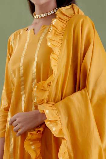 Shop Musal Yellow Chanderi, 100% Cotton Metallic Striped Notched Tarabai Anarkali Set Online at Aza Fashions Shop_Musal_Yellow Chanderi, 100% Cotton Metallic Striped Notched Tarabai Anarkali Set _Online_at_Aza_Fashions