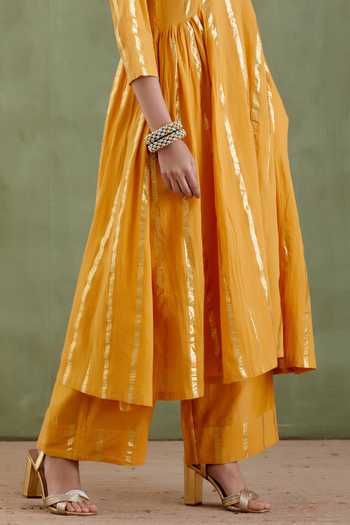 Musal Yellow Chanderi, 100% Cotton Metallic Striped Notched Tarabai Anarkali Set at Aza Fashions Musal_Yellow Chanderi, 100% Cotton Metallic Striped Notched Tarabai Anarkali Set _at_Aza_Fashions
