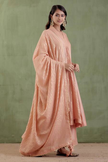 Musal_Beige Chanderi, 100% Cotton Metallic Striped V Neck Samyukta Kurta Set _Online_at_Aza_Fashions