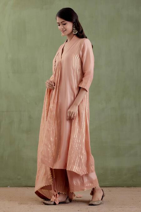 Buy_Musal_Beige Chanderi, 100% Cotton Metallic Striped V Neck Samyukta Kurta Set _Online_at_Aza_Fashions