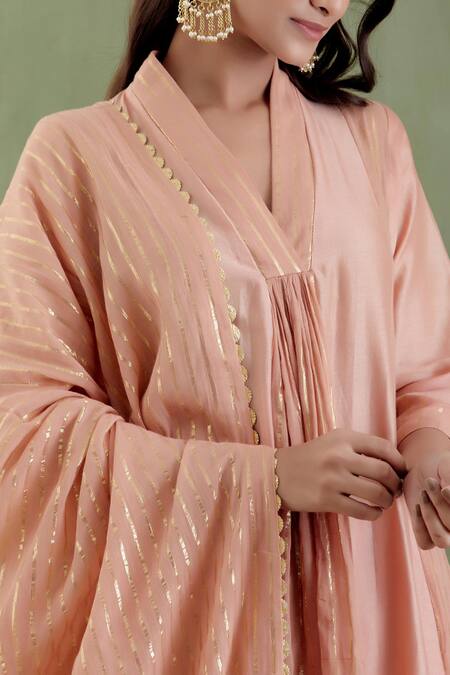 Shop_Musal_Beige Chanderi, 100% Cotton Metallic Striped V Neck Samyukta Kurta Set _Online_at_Aza_Fashions