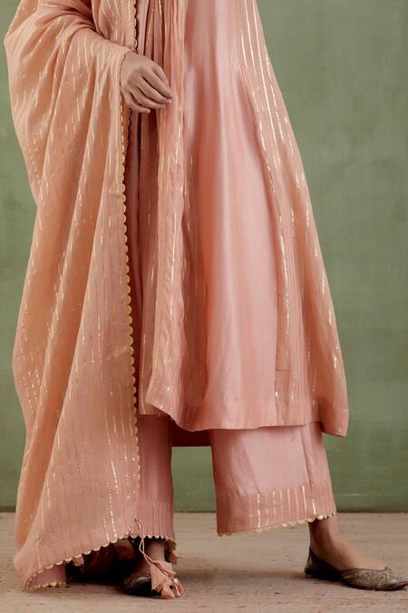 Musal_Beige Chanderi, 100% Cotton Metallic Striped V Neck Samyukta Kurta Set _at_Aza_Fashions