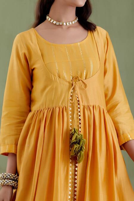 Shop_Musal_Yellow Chanderi, 100% Cotton Metallic Striped Round Padmavati Angarkha Kurta Set_Online_at_Aza_Fashions