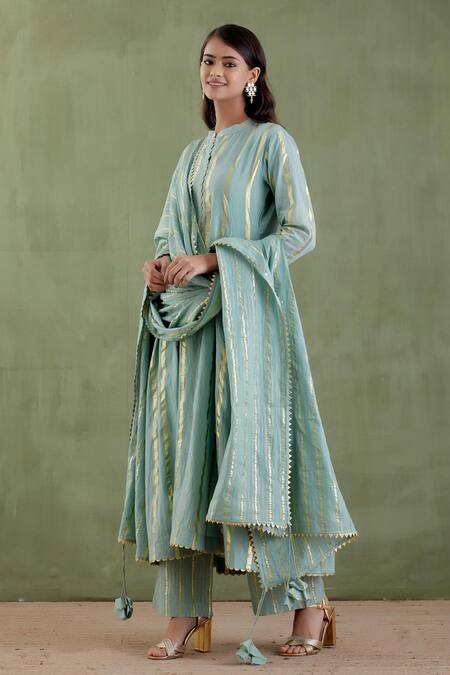 Buy Musal Blue Chanderi, 100% Cotton Metallic Striped Band Collar Akka Devi Anarkali Set at Aza Fashions Buy_Musal_Blue Chanderi, 100% Cotton Metallic Striped Band Collar Akka Devi Anarkali Set_at_Aza_Fashions