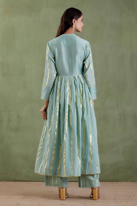 Shop Musal Blue Chanderi, 100% Cotton Metallic Striped Band Collar Akka Devi Anarkali Set at Aza Fashions Shop_Musal_Blue Chanderi, 100% Cotton Metallic Striped Band Collar Akka Devi Anarkali Set_at_Aza_Fashions