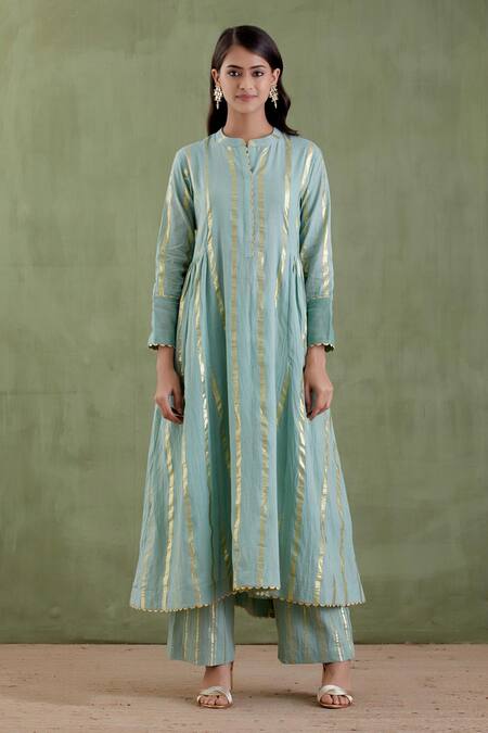 Musal Blue Chanderi, 100% Cotton Metallic Striped Band Collar Akka Devi Anarkali Set Online at Aza Fashions Musal_Blue Chanderi, 100% Cotton Metallic Striped Band Collar Akka Devi Anarkali Set_Online_at_Aza_Fashions