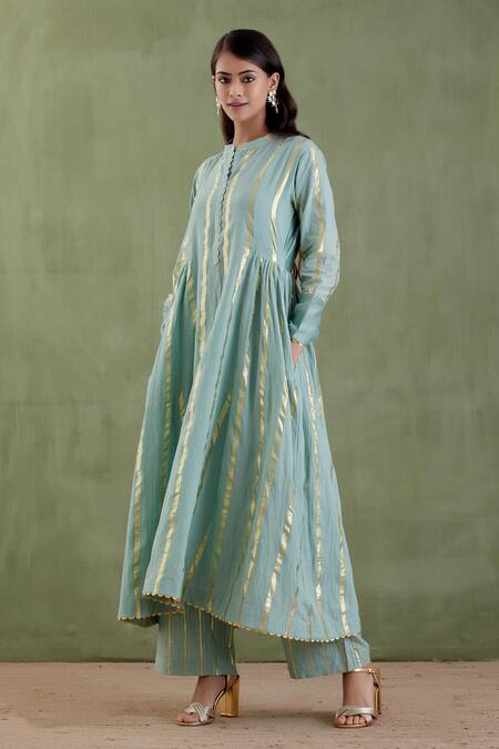 Buy Musal Blue Chanderi, 100% Cotton Metallic Striped Band Collar Akka Devi Anarkali Set Online at Aza Fashions Buy_Musal_Blue Chanderi, 100% Cotton Metallic Striped Band Collar Akka Devi Anarkali Set_Online_at_Aza_Fashions