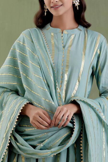 Musal Blue Chanderi, 100% Cotton Metallic Striped Band Collar Akka Devi Anarkali Set at Aza Fashions Musal_Blue Chanderi, 100% Cotton Metallic Striped Band Collar Akka Devi Anarkali Set_at_Aza_Fashions