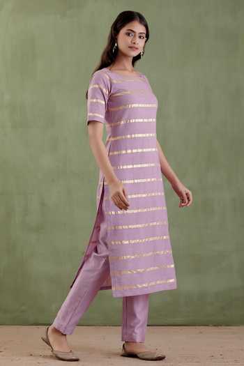 Musal Purple Chanderi, 100% Cotton Metallic Striped Gayatri Devi Kurta And Pant Set Online at Aza Fashions Musal_Purple Chanderi, 100% Cotton Metallic Striped Gayatri Devi Kurta And Pant Set _Online_at_Aza_Fashions