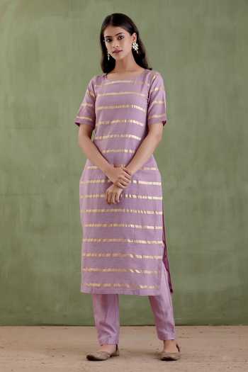 Buy Musal Purple Chanderi, 100% Cotton Metallic Striped Gayatri Devi Kurta And Pant Set Online at Aza Fashions Buy_Musal_Purple Chanderi, 100% Cotton Metallic Striped Gayatri Devi Kurta And Pant Set _Online_at_Aza_Fashions
