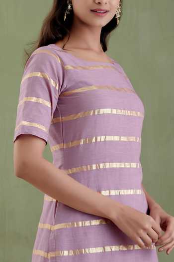 Shop Musal Purple Chanderi, 100% Cotton Metallic Striped Gayatri Devi Kurta And Pant Set Online at Aza Fashions Shop_Musal_Purple Chanderi, 100% Cotton Metallic Striped Gayatri Devi Kurta And Pant Set _Online_at_Aza_Fashions