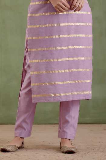 Musal Purple Chanderi, 100% Cotton Metallic Striped Gayatri Devi Kurta And Pant Set at Aza Fashions Musal_Purple Chanderi, 100% Cotton Metallic Striped Gayatri Devi Kurta And Pant Set _at_Aza_Fashions