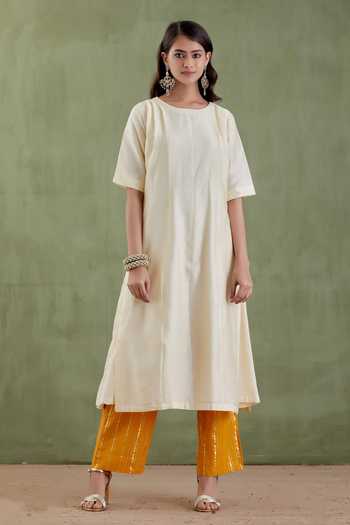Buy Musal Beige Chanderi, Silk Organza, 100% Cotton Suniti Devi Panelled Kurta Set Online at Aza Fashions Buy_Musal_Beige Chanderi, Silk Organza, 100% Cotton Suniti Devi Panelled Kurta Set _Online_at_Aza_Fashions