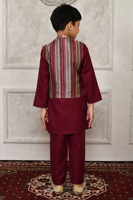 Shop_Petite Pomme_Multi Color Silk Stripe Pattern Bundi And Kurta Set_at_Aza_Fashions