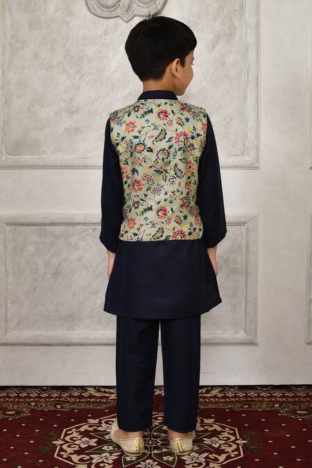 Shop_Petite Pomme_Multi Color Silk Embroidery Floral Woven Bundi And Kurta Set_at_Aza_Fashions