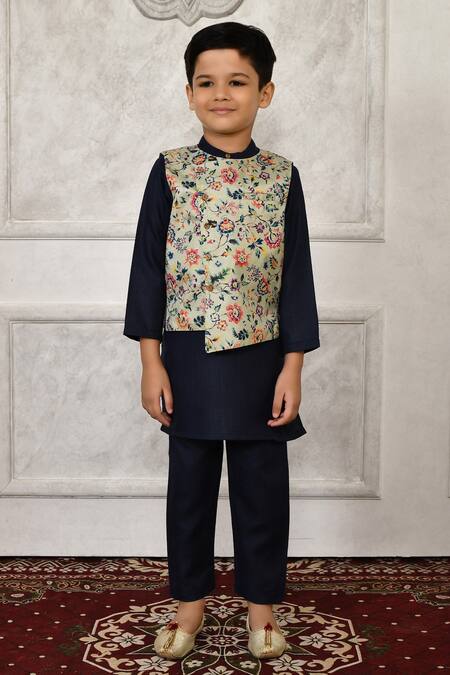 Petite Pomme_Multi Color Silk Embroidery Floral Woven Bundi And Kurta Set_Online_at_Aza_Fashions