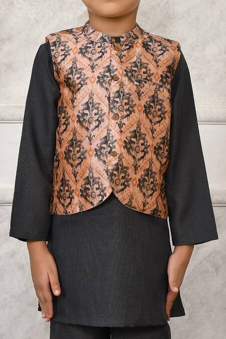 Shop Petite Pomme Gray Silk Floral Pattern Kurta Set With Bundi Online at Aza Fashions Shop_Petite Pomme_Gray Silk Floral Pattern Kurta Set With Bundi_Online_at_Aza_Fashions