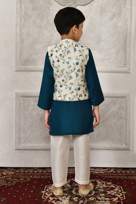 Shop_Petite Pomme_Multi Color Silk Embroidery Floral Printed Bundi And Kurta Set_at_Aza_Fashions