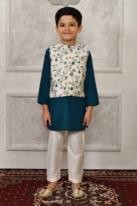 Petite Pomme_Multi Color Silk Embroidery Floral Printed Bundi And Kurta Set_Online_at_Aza_Fashions