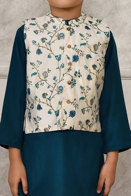 Shop Petite Pomme Multi Color Silk Embroidery Floral Printed Bundi And Kurta Set Online at Aza Fashions Shop_Petite Pomme_Multi Color Silk Embroidery Floral Printed Bundi And Kurta Set_Online_at_Aza_Fashions