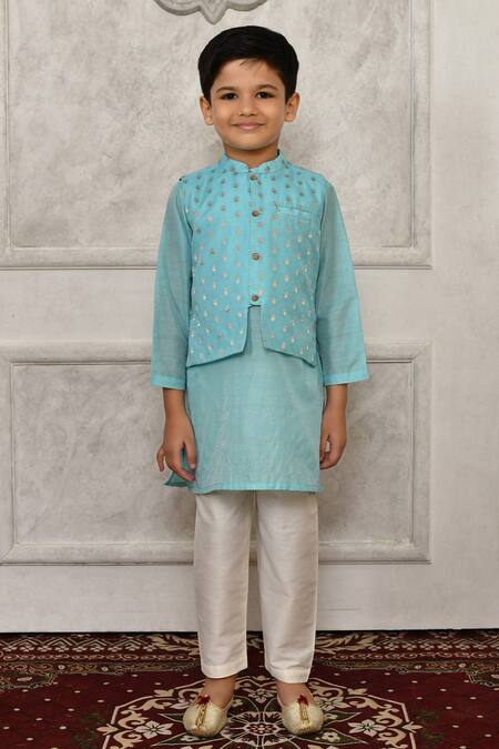 Petite Pomme_Blue Silk Embroidery Floral Woven Bundi Kurta Set_Online_at_Aza_Fashions