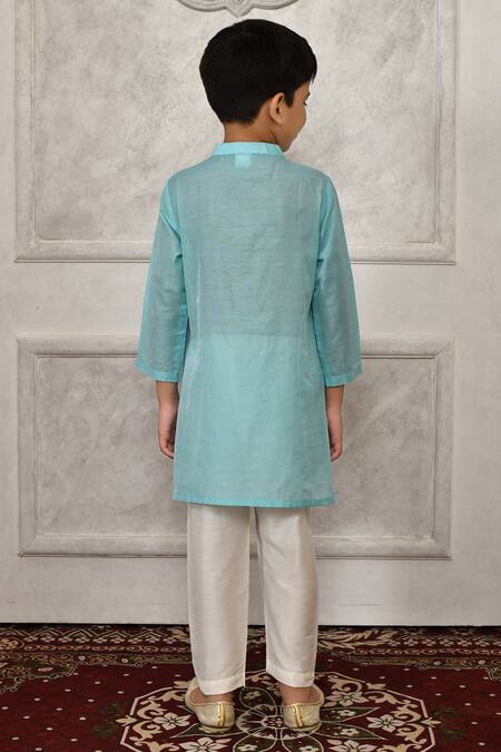 Shop_Petite Pomme_Blue Silk Embroidery Floral Woven Bundi Kurta Set_Online_at_Aza_Fashions