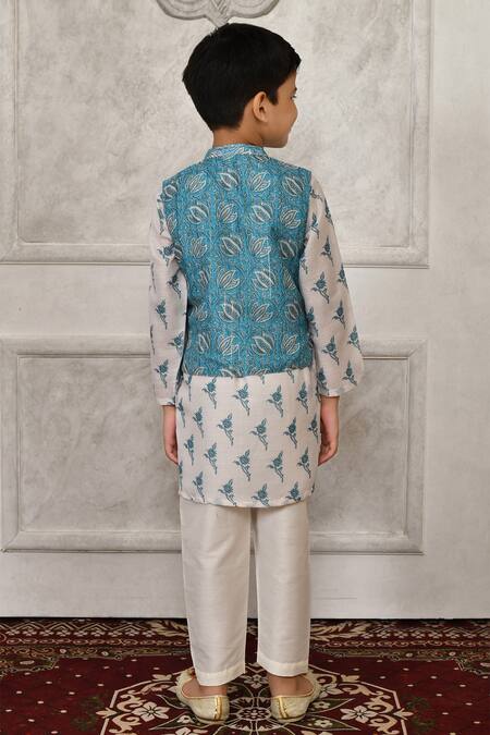 Shop_Petite Pomme_Blue Silk Embroidery Floral Printed Kurta Set_at_Aza_Fashions