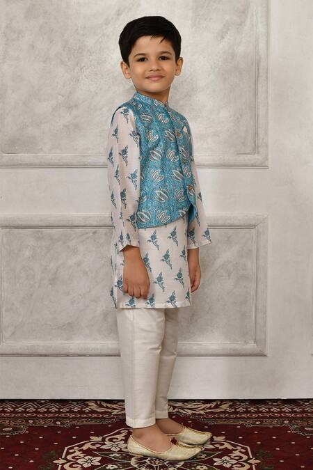 Petite Pomme_Blue Silk Embroidery Floral Printed Kurta Set_Online_at_Aza_Fashions