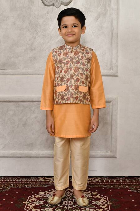 Petite Pomme_Cream Silk Embroidery Floral Printed Kurta Set_Online_at_Aza_Fashions