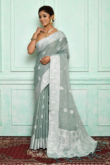 Green Hand Embroidered Chikankari Saree – Beatitude