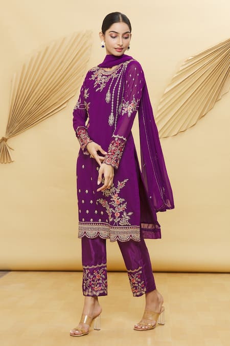 Samyukta Singhania Purple Kurta And Dupatta Georgette Bottom & Lining Shantoon Embroidered Set 