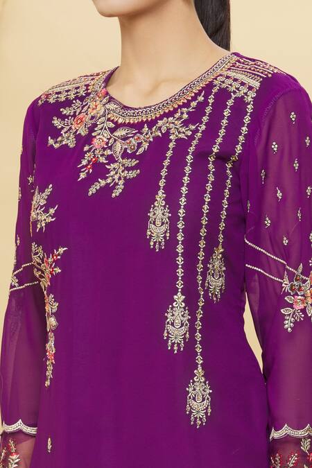 Shop Samyukta Singhania Purple Georgette Embroidery Round Neck Kurta Set Online at Aza Fashions Shop_Samyukta Singhania_Purple Georgette Embroidery Round Neck Kurta Set_Online_at_Aza_Fashions