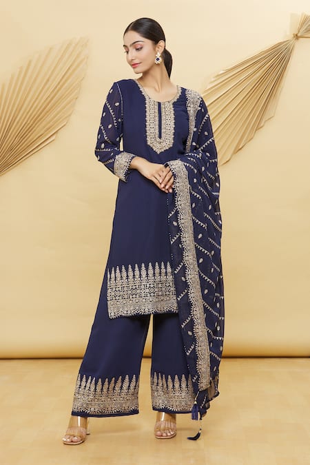 Samyukta Singhania Blue Faux Georgette Lining Shantoon Embroidered Floral Round Kurta Palazzo Set 