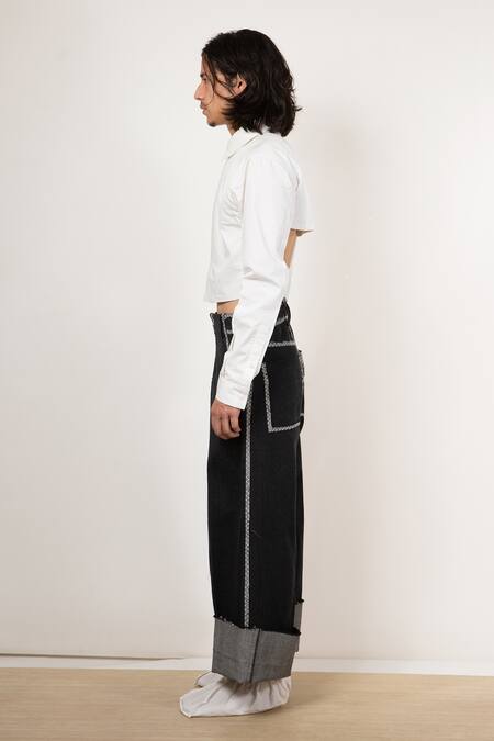 Buy_Leh Studios_White Cotton Poplin Plain Cropped Back Buttondown Shirt _Online_at_Aza_Fashions