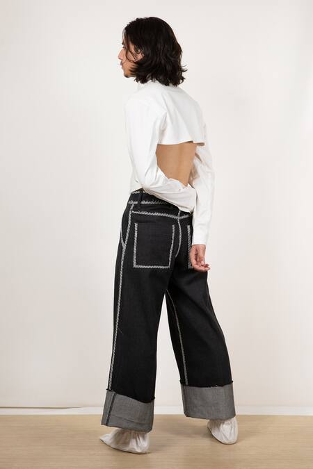 Shop_Leh Studios_White Cotton Poplin Plain Cropped Back Buttondown Shirt _Online_at_Aza_Fashions