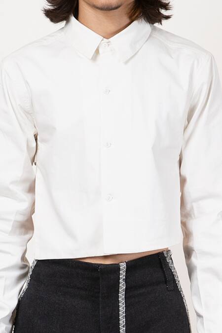 Leh Studios_White Cotton Poplin Plain Cropped Back Buttondown Shirt _at_Aza_Fashions