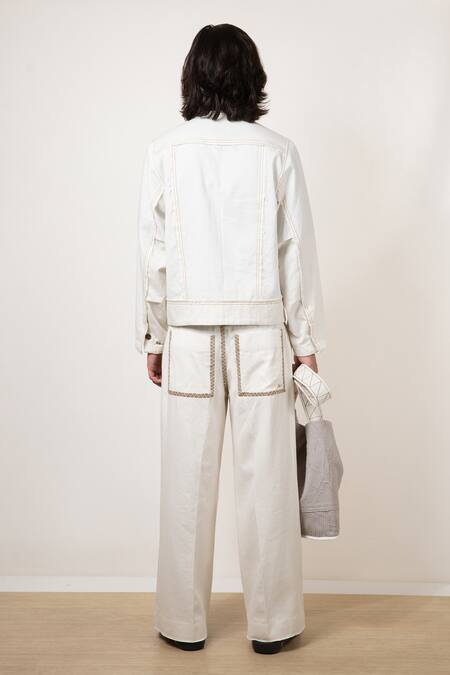 Shop Leh Studios White 100% Cotton Twill Embroidered Thread Shell Contrast Stripe Jeans at Aza Fashions Shop_Leh Studios_White 100% Cotton Twill Embroidered Thread Shell Contrast Stripe Jeans _at_Aza_Fashions