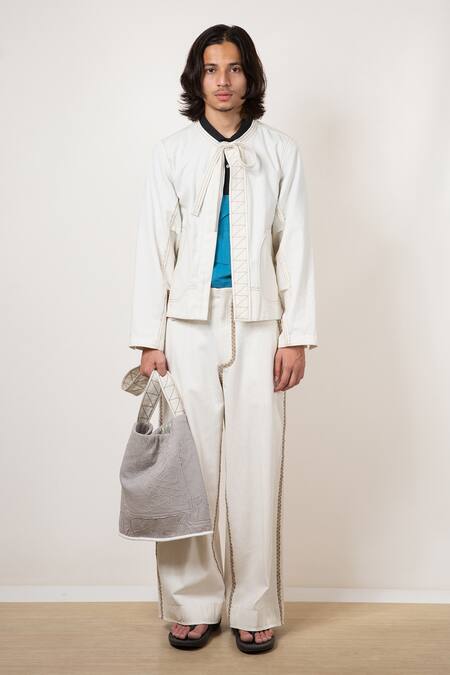 Leh Studios White 100% Cotton Twill Embroidered Thread Shell Contrast Stripe Jeans Online at Aza Fashions Leh Studios_White 100% Cotton Twill Embroidered Thread Shell Contrast Stripe Jeans _Online_at_Aza_Fashions