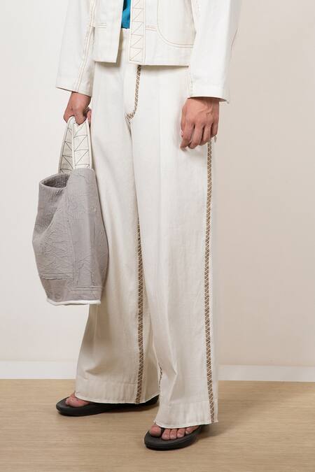 Leh Studios White 100% Cotton Twill Embroidered Thread Shell Contrast Stripe Jeans at Aza Fashions Leh Studios_White 100% Cotton Twill Embroidered Thread Shell Contrast Stripe Jeans _at_Aza_Fashions