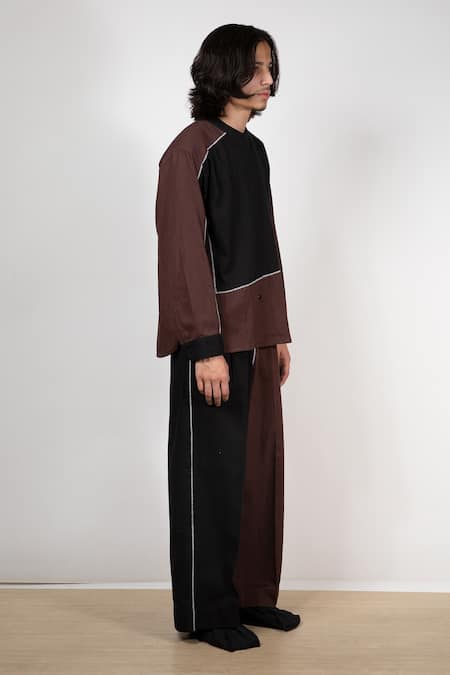 Leh Studios_Brown 100% Cotton Twill Embroidered Thread Work Ease Colourblock Pant _Online_at_Aza_Fashions