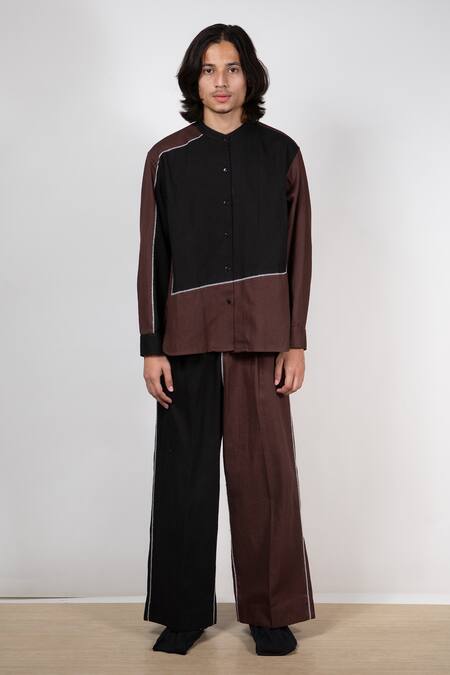 Buy_Leh Studios_Brown 100% Cotton Twill Embroidered Thread Work Ease Colourblock Pant _Online_at_Aza_Fashions