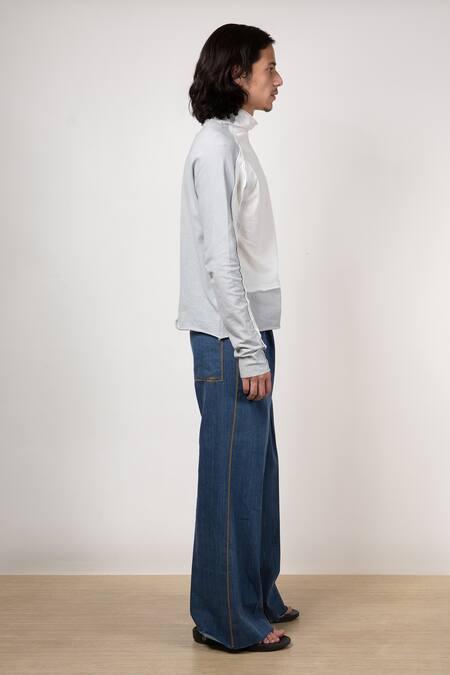 Leh Studios_Blue Handloom Cotton Denim Thread Work Mould Panelled Jeans_Online_at_Aza_Fashions