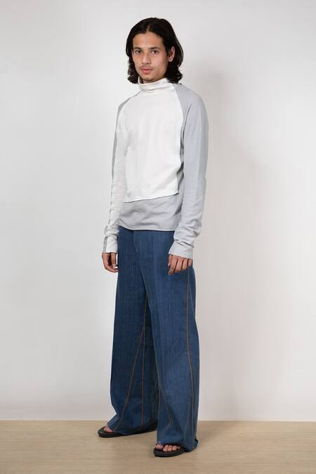 Buy_Leh Studios_Blue Handloom Cotton Denim Thread Work Mould Panelled Jeans_Online_at_Aza_Fashions